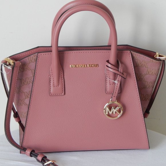 NWT $558 Michael Kors Avril Leather Small TZ MK Logo Rose Satchel Crossbody Bag - Picture 3 of 12